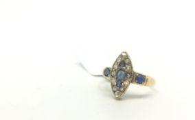 Victorian miniature sapphire and diamond marquise panel ring, old and rose cut diamonds, 14x6mm