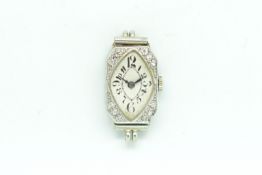 Art Deco cocktail watch, abstract Arabic numerals, surrounded by single cut diamonds, mounted in