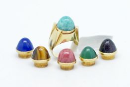 Vintage French interchanging gem set ring, seven tall cabochon cut gem set heads, screw fittings