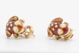 Boucheron - Pair of enamel frog earrings, 16x13mm frogs with red and yellow enamel, gold detail,