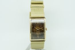 Rare Gentlemen's Rolex 'Curvex' 9ct Gold Vintage Wristwatch, rectangular two tone patina brown