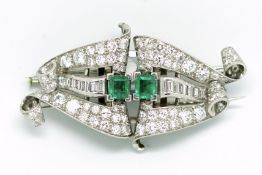 Emerald and diamond double clip, transitional and baguette cut diamonds, estimate total diamond