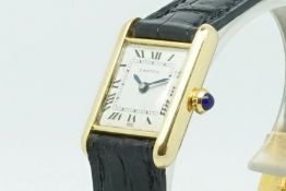 Ladies Cartier Tank 18ct Gold Wristwatch, rectangular beige dial with roman numerals and minute