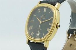 Gentleman's Omega De Ville Date Wristwatch, rounded black and gilt dial with roman numerals and a