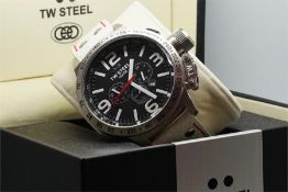 Gentleman's TW Steel NOS Chronograph Wristwatch, circular black and white dial with three sub dials,