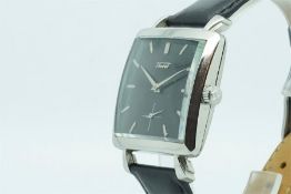 Gentleman's Tissot Vintage Wristwatch, square black dial with baton hour markers and a subsidiary