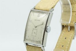 Gentleman's Movado Curvex Vintage Wristwatch, rectangular aged silver dial with sub dial at 6 and