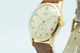 Gentleman's Longines 18ct Gold Wristwatch, aged dial with gold baton and Arabic hour markers,
