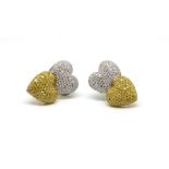 Dianoor - yellow and white diamond set earrings, each as two bombe diamond set hearts, one in