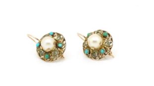 A pair of yellow metal, pearl and turquoise earrings with rose cut diamond details. 1.5cm
