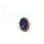 Victorian amethyst and pearl ring, large oval cut amethyst, 24x18mm, foils backed, border of seed