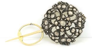 French Georgian diamond set cloak pin, rose cut diamonds set across an intricate floral head in