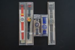 Group of Retro Swatch Quartz Wristwatches, group 5 of swatch watches never worn in boxes, from