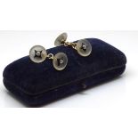 Pair of Art Deco cufflinks, crystal, onyx and diamond set, gold chain links, blue suede period box