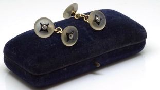 Pair of Art Deco cufflinks, crystal, onyx and diamond set, gold chain links, blue suede period box