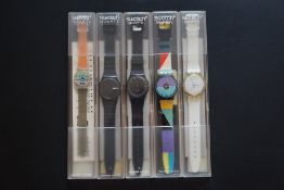 Group of Retro Swatch Quartz Wristwatches, group of 5 swatch watches never worn in boxes, from
