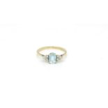 2 Pieces - Aquamarine and diamond ring , oval cut aquamarine with a trefoil of diamonds to each