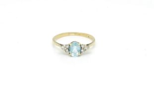 2 Pieces - Aquamarine and diamond ring , oval cut aquamarine with a trefoil of diamonds to each