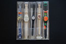 Group of Retro Swatch Quartz Wristwatches, group of 5 swatch watches never worn in boxes, from