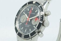 Rare Gentleman's Nivada Grenchen Vintage Chronograph Wristwatch, circular black dial with two grey