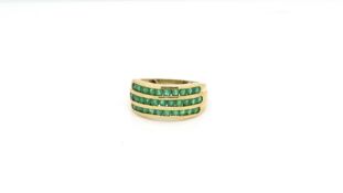Emerald three row ring, three rows channel set emeralds, in 9ct, ring size P