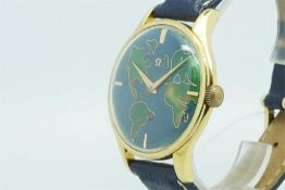 Gentleman's Omega 'World Map' Vintage Wristwatch, circular blue dial with gold trim map of the