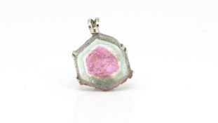 Water melon tourmaline slice pendant, approximately 18mm diameter slice of watermelon tourmaline, in