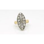 Victorian old cut diamond marquise panel ring, 19 diamonds set within a marquise panel, total
