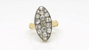 Victorian old cut diamond marquise panel ring, 19 diamonds set within a marquise panel, total