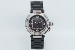 Gentlemen's Cartier Pasha Wristwatch, circular black dial with Arabic numerals and a date aperture