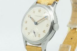 Gentleman's Longines Vintage Wristwatch, circular silver dial with bronze arabic numerals, and a sub