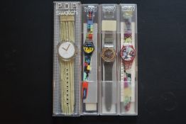 Group of Retro Swatch Quartz Wristwatches, group of 4 swatch watches never worn in boxes, from