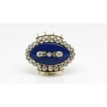 Victorian Enamel and diamond clasp, large marquise blue enamel panel with old cut diamond set