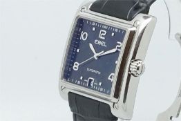 Gentleman's Ebel Date Automatic Wristwatch, square navy dial with date at 6 and arabic hour markers,
