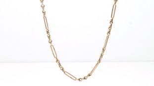 Edwardian Albert chain necklace, robe and bar style chain in rose gold, marked .375 along chain,