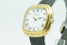 Gentleman's Roy King 18ct Gold Wristwatch, rounded square white dial with roman numerals in a