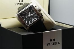 Gentleman's TW Steel NOS Chronograph Wristwatch, square black dial with white hands and two sub