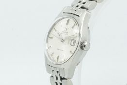 Ladies Omega Geneve Date Wristwatch, -NO RESERVE- circular silver dial with baton hour markers and