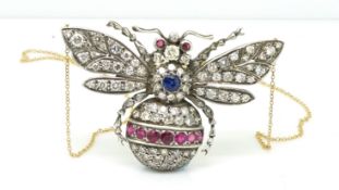 Diamond sapphire and ruby been pendant, large bee with diamond set wings, centre sapphire to body,