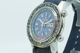 Gentleman's Ricoh World Timer Wristwatch, circular blue dial with inner moveable bezel and outer,