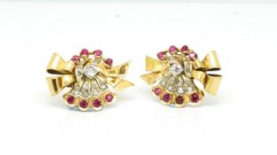 Pair of diamond and ruby bow earrings, rose and old cut diamonds set with round cut rubies, in