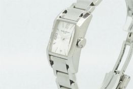 Ladies Baume & Mercier Wristwatch, square white two tone dial with arabic numerals and a date window