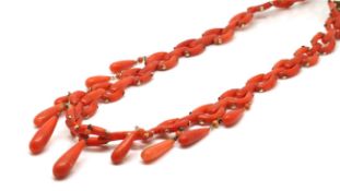 Victorian coral fringe necklace, pinned articulated coral chain, 10 graduating coral drops, large