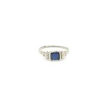 Art deco Sapphire and diamond ring, central square cut sapphire, stepped diamond set shoulders,