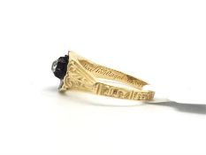 Victorian old cut diamond and black enamel shield shpaed signet ring, engraved shoulders and shanks,