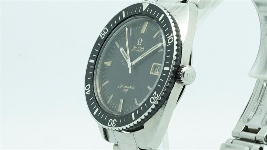 Gentlemen's Omega 120 Vintage Divers Wristwatch, circular aged black dial with a centre second and a - Image 2 of 5