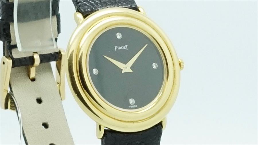 Gentlemen's Piaget Gold Diamond Dot Wristwatch, circular black dial with diamond dot hour markers, - Image 2 of 4