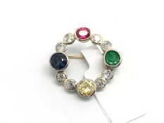 Gem set circular brooch, round brilliant cut fancy yellow diamond, emerald, sapphire and ruby set to