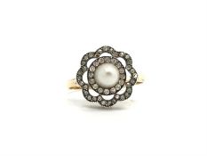 Pearl and diamond flower ring, central 5.7mm pearl, surrounded by single cut diamonds, mounted in
