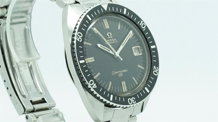 Gentlemen's Omega 120 Vintage Divers Wristwatch, circular aged black dial with a centre second and a - Image 3 of 5